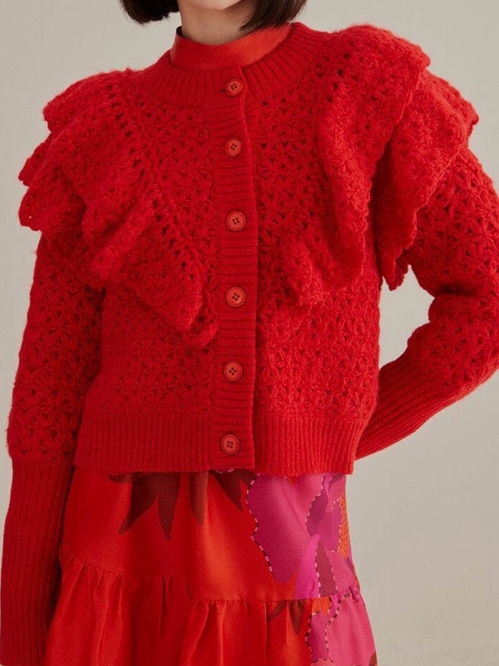 Farm Rio 
Red Flower Texture Knit Cardigan